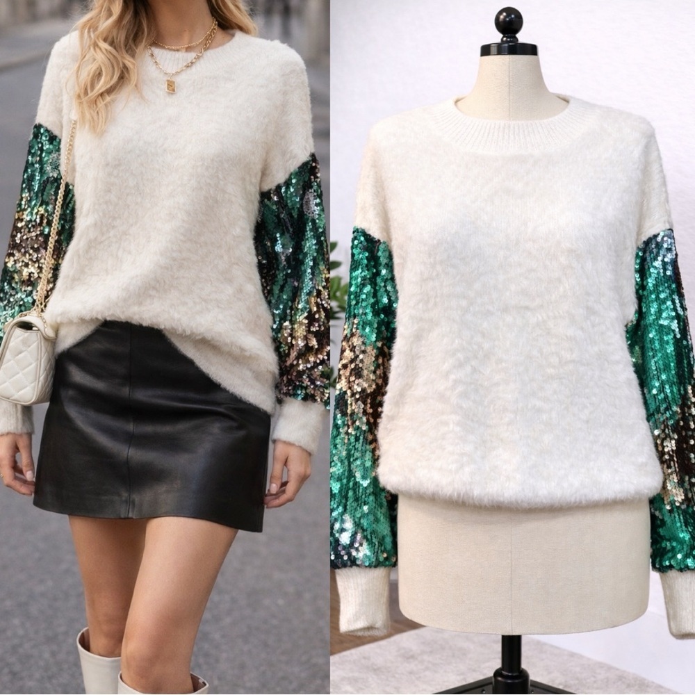 083 Wishlist | NWT White Fuzzy Sweater with Sequin Ombre Sleeves (Size S/M)
